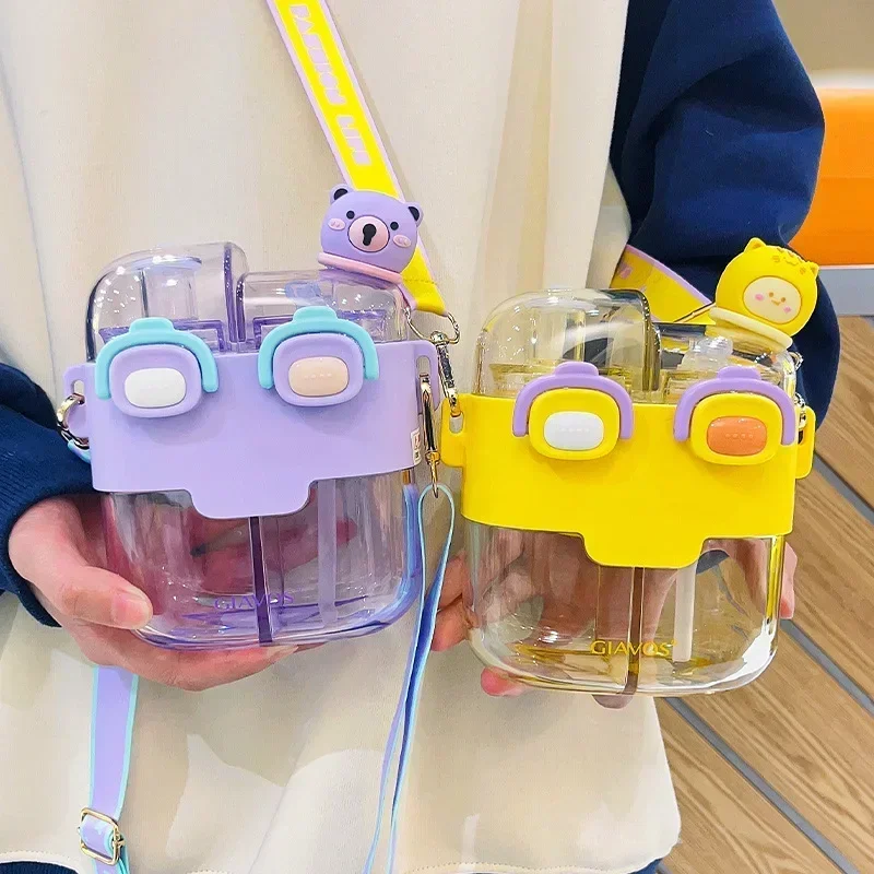 780ml Kids Water Bottle with Straw Split Compartment Double Drinking Cup for School/Home Cartoon Leak Proof Mug Portable Cup