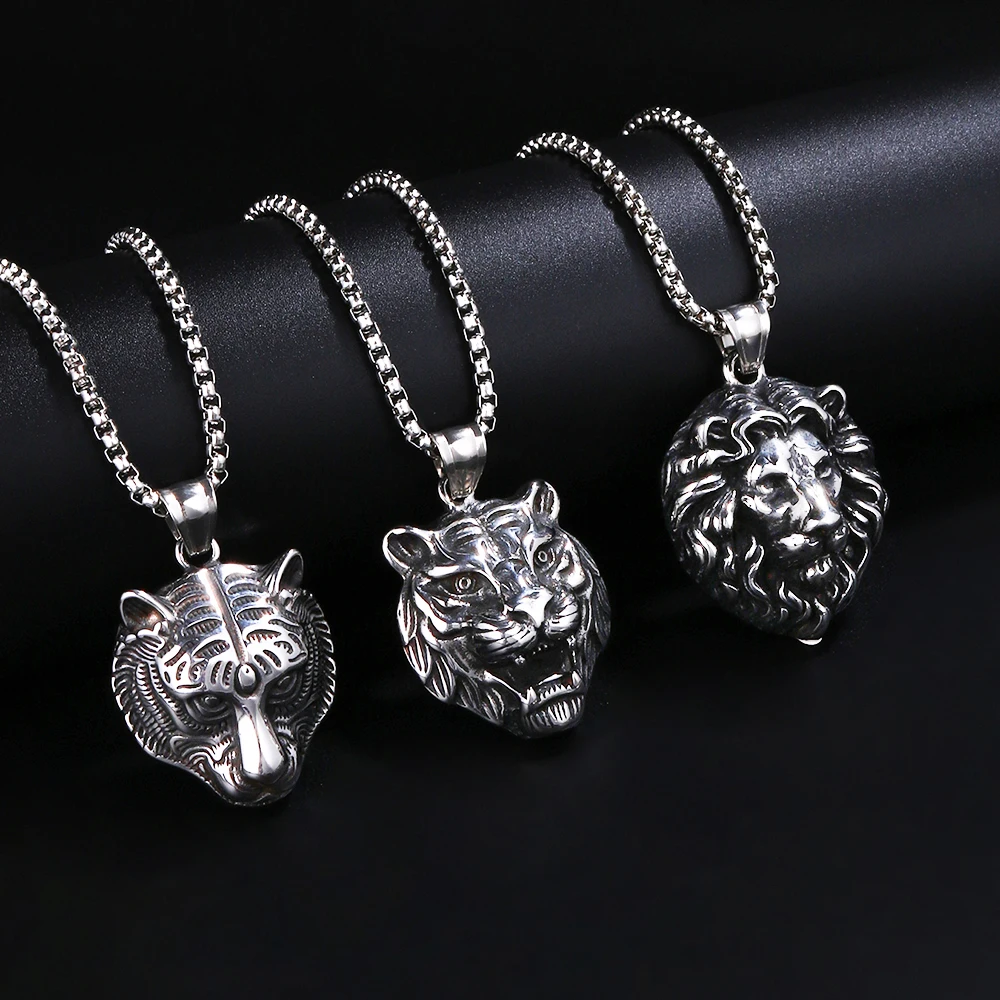 

1PC Men's Stainless Steel Animal Wolf Pendant Necklace for Men Fadeless Tiger Lion Necklace Man Jewelry
