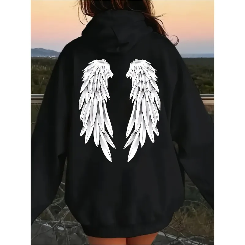 Trendy Hoodie - Geometric Pattern of Wings, High Street Fashion Versatile Print for Autumn Winter Casual Women'S Wear - Outdoor