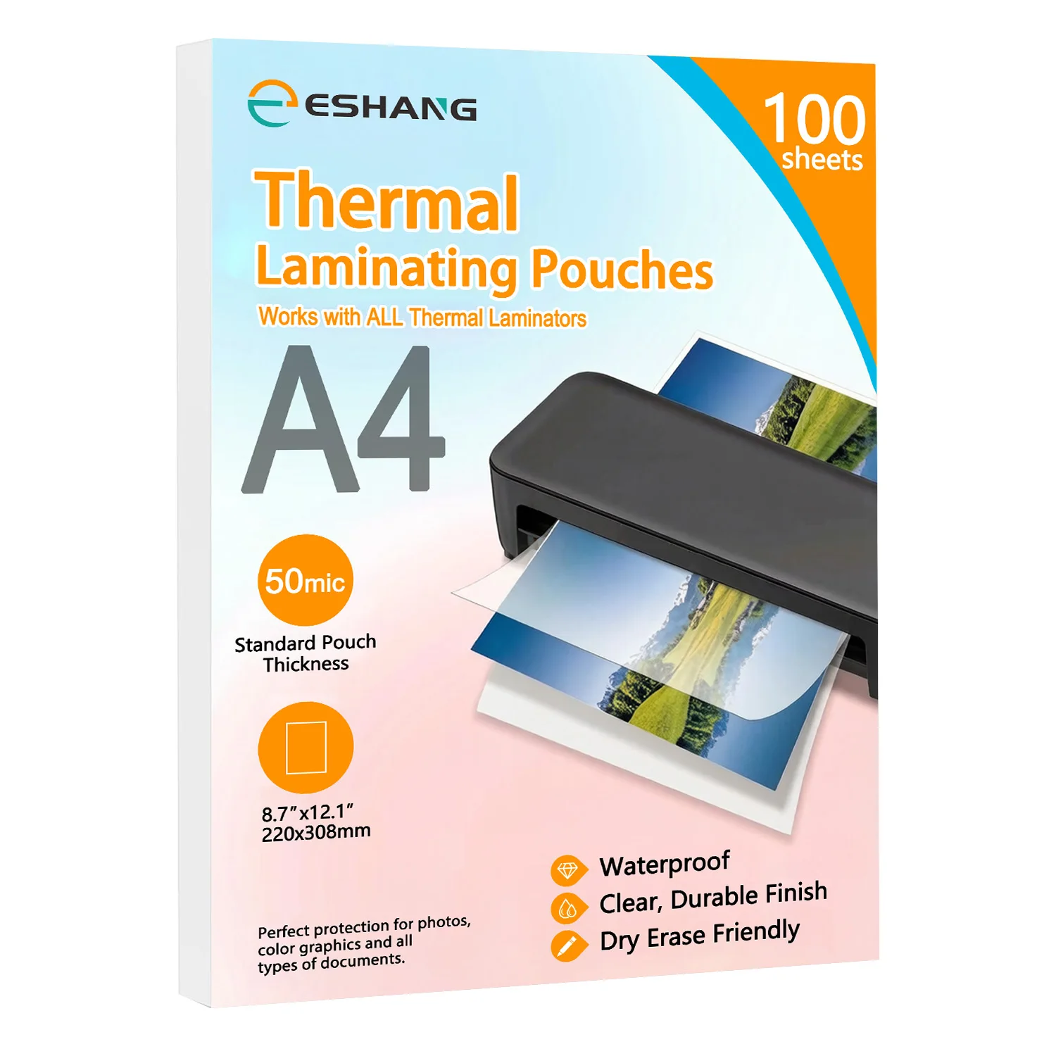 

Пленки для ламинирования ESHANG A4, 8,7x12,1 дюйма, 100 штук, 0,05 мм, прозрачные пластиковые листы, водонепроницаемые термопакеты для документов