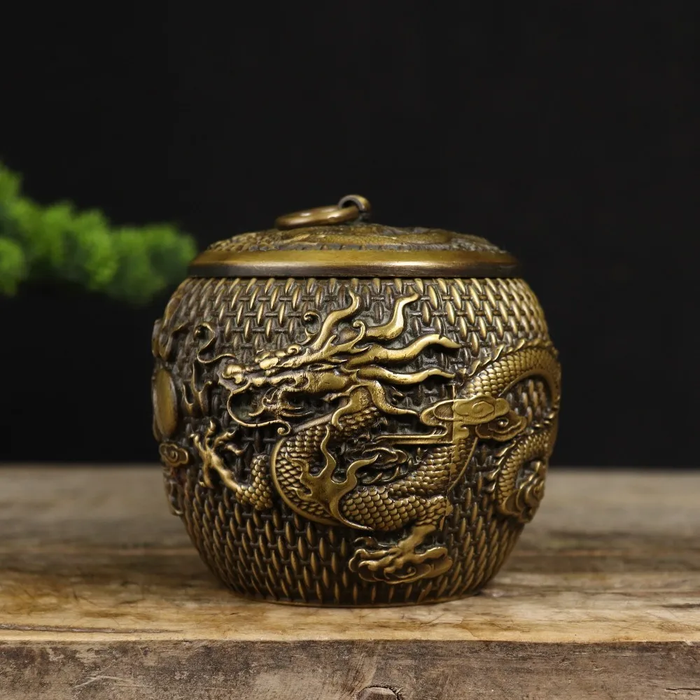 

Chinese style pure copper relief dragon and phoenix jar home decoration gift storage jar decorative artwork ornaments