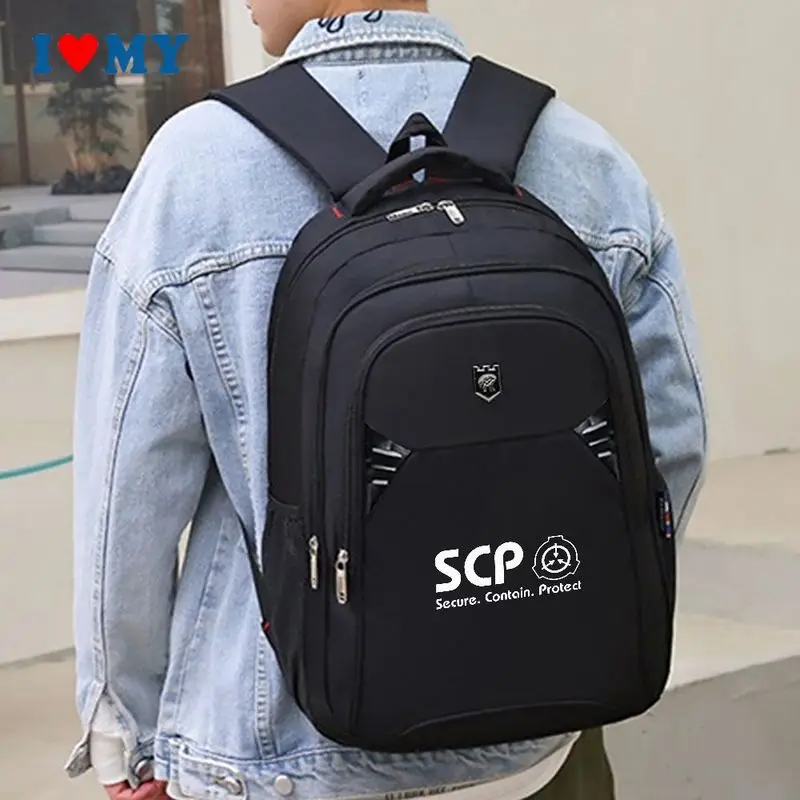 Black SCP Secure Contain Protect Print Sport Backpack, Large Capacity Unisex School Travel Bag for College Daily Commute