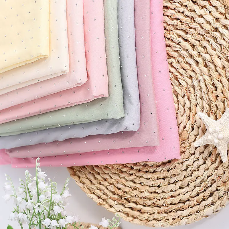 Hot Fix Rhinestone Non-sheer Chiffon Fabric Slight Stretch for Wedding Dress Stage Costume Headwear Craft DIY Sewing Cloth