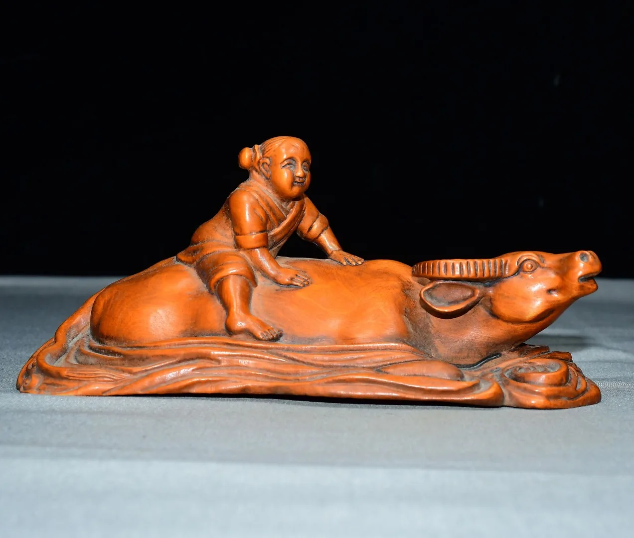 Estatua de toro de 6 pulgadas de madera de boj antigua, con niño herdsando ganado, en armonía con la naturaleza, alegría infantil, estudio, acumular riqueza, adornos