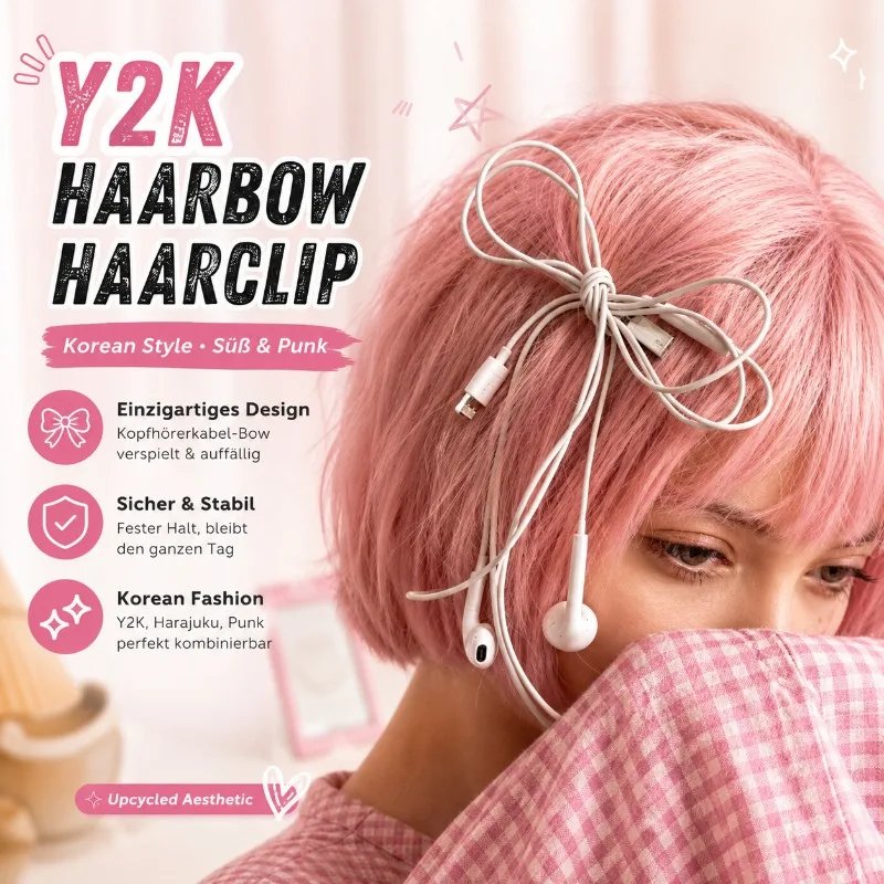 Headphone Wire Bow Hair Clip for Girls, Y2K Korean Fashion Harajuku Punk Hairpin, Alloy Upcycled Aesthetic Hair Accessories,