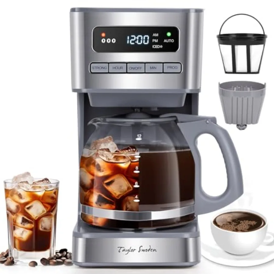 

Программируемая кофеварка на 12 чашек для горячего и холодного кофе, 4 уровня крепости, LED-дисплей, 24-часовой таймер, функция поддержания температуры и автоматическое отключение - Dri