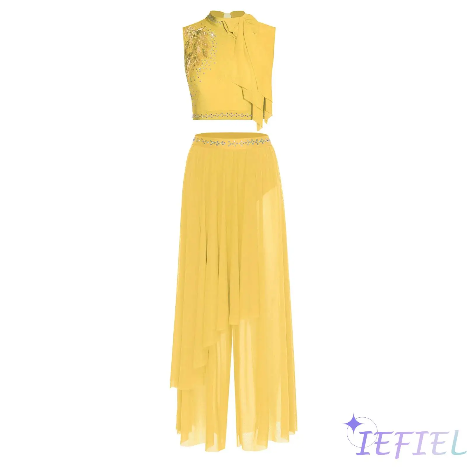 

Women Lyrical 2 Piece Modern Dance Outfit Sequin Embroidery Sleeveless Crop Top And Wide Leg Mesh Pants Contemporary Dancewear