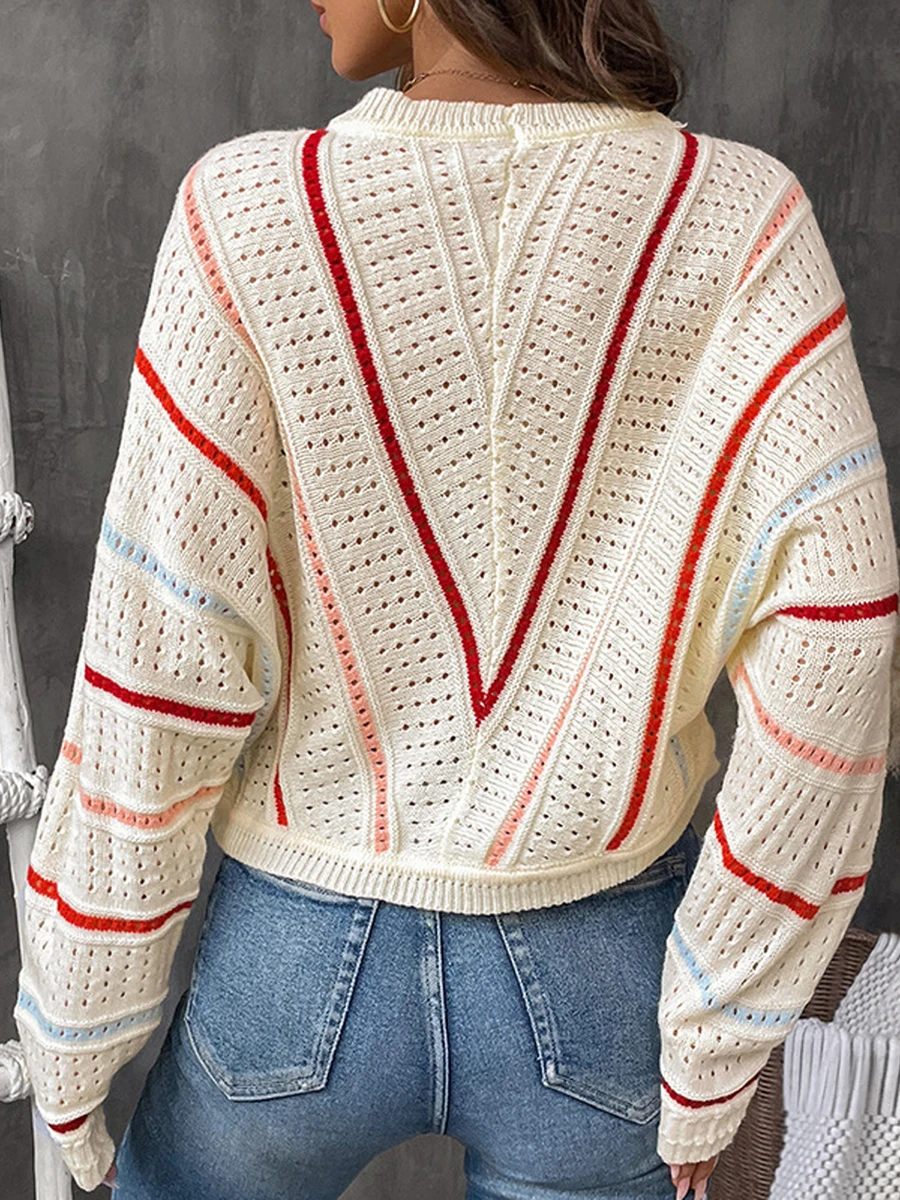 Pulls en tricot rayé pour femmes, œillets creux, manches longues, col rond, pulls d'automne