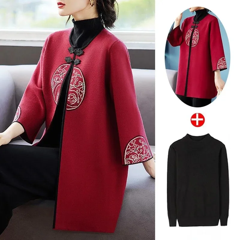 Korean Mom Round Neck Sweater Cardigan Spring Autumn Female Large Size 4XL Windbreaker Knitwear Lady Embroidery Trench Knitting