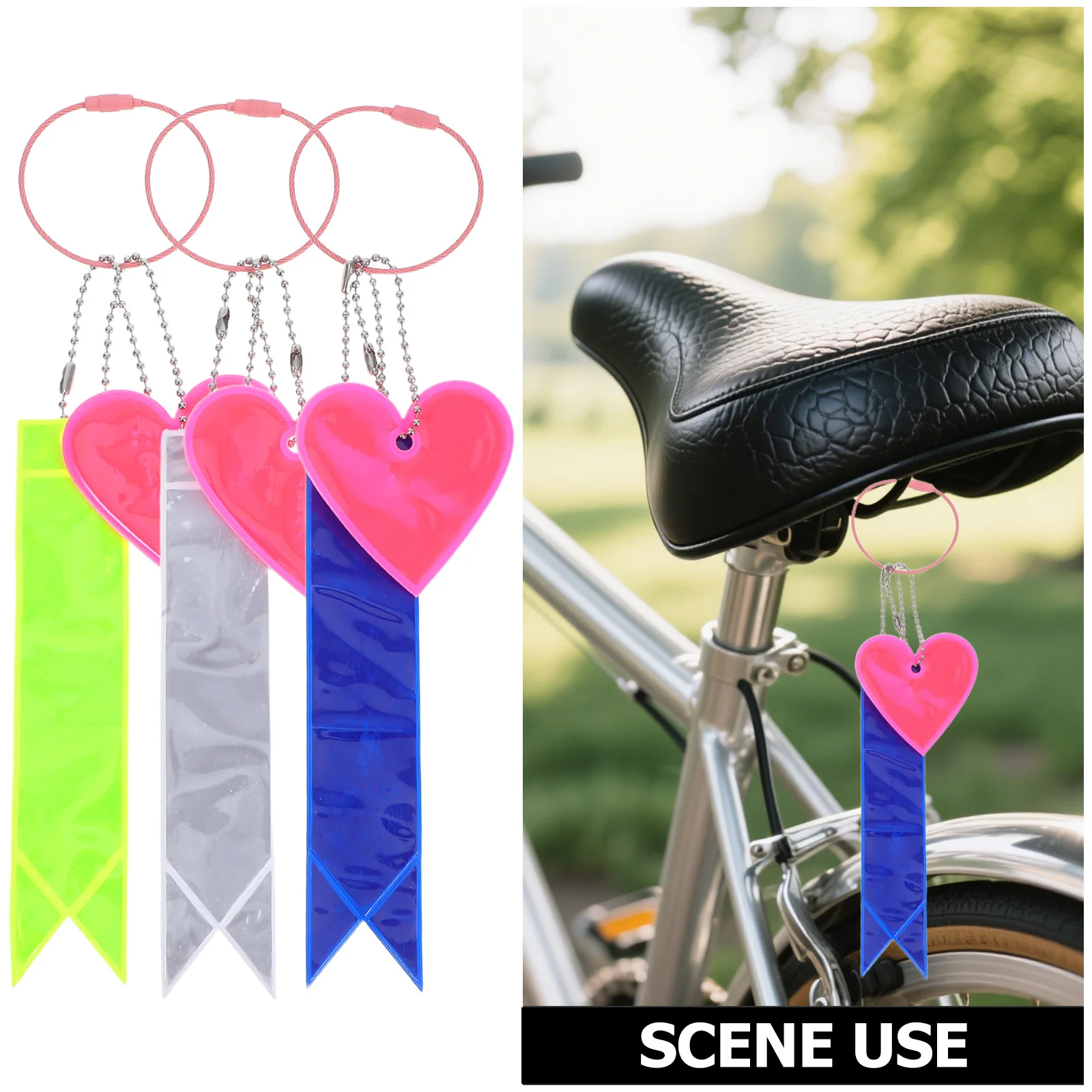 3 قطعة شرائط عاكسة لركوب الدراجات شكل شريط عالي الوضوح لركوب الليل مقعد الدراجة على ظهره حلقات معدنية متينة من مادة PVC