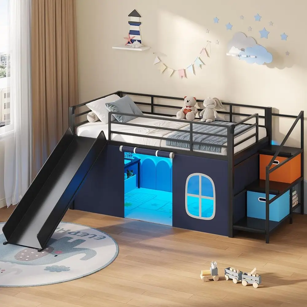 DICTAC Low Lot Bed with Slide,Storage Stairway and Led Lights Metal Twin Size Lot Bed with Under-Bed Play Space,Art Table & Play