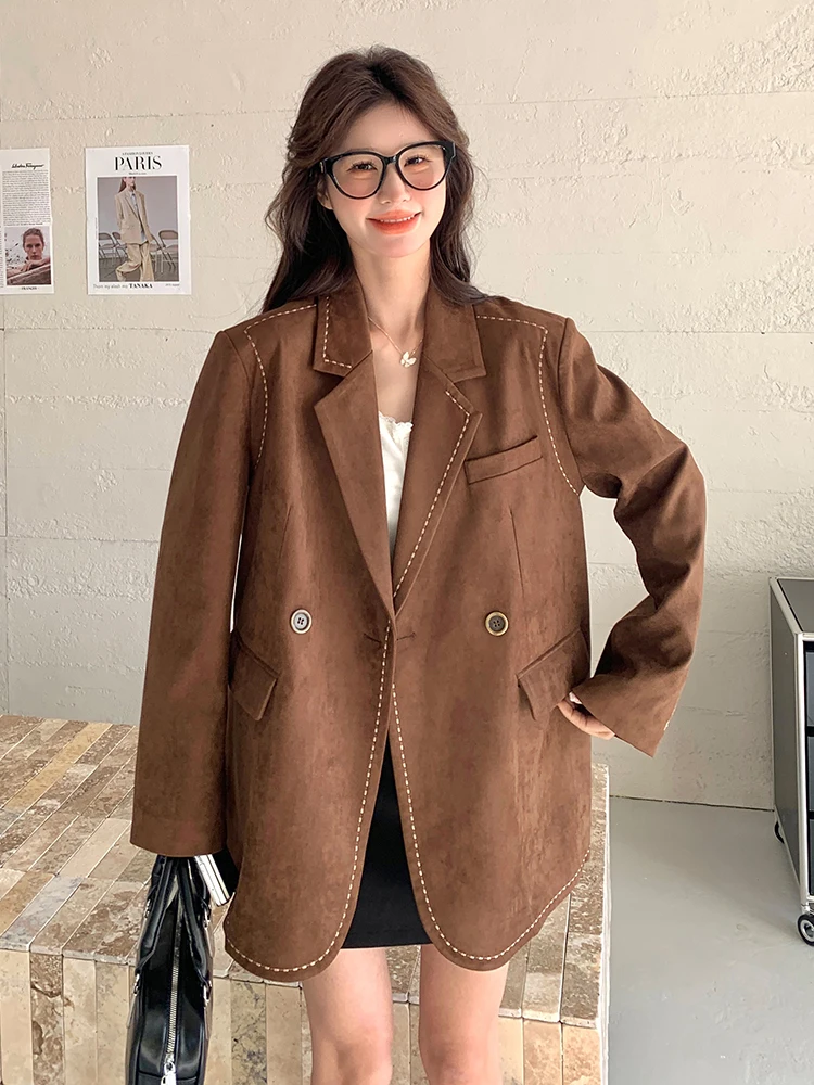 

Women Clothes American Retro Suit Lady Casual Imitation Leather Loose Coat Blazer Long Jacket Mujer Outwear Blazer Fashion New