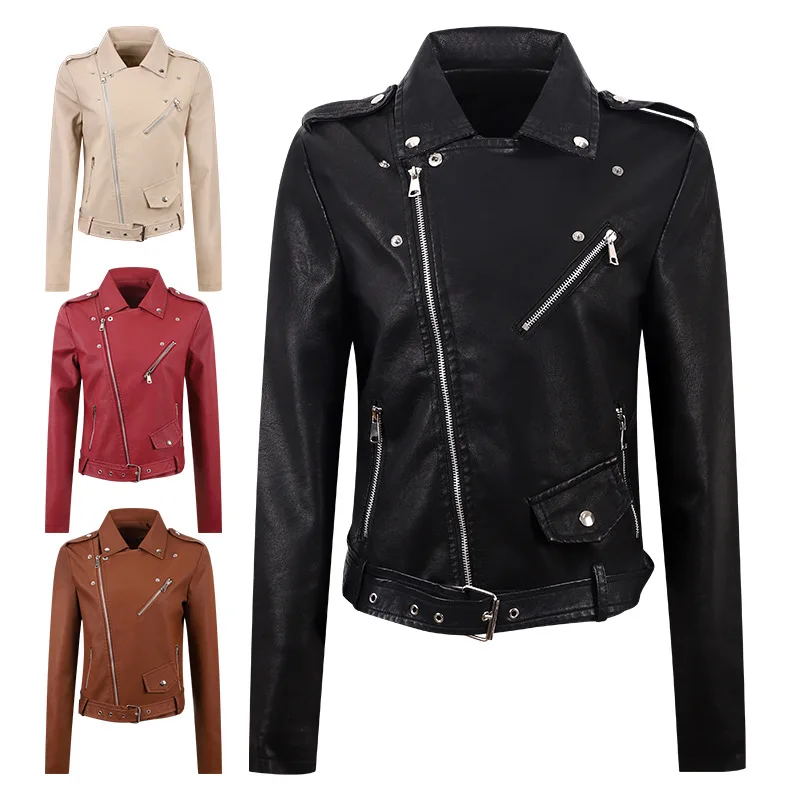 MAIDANGDI Women leather jacket women coat short autumn and winter PU diagonal pull slim fitting water wheel leather jacket Y2K