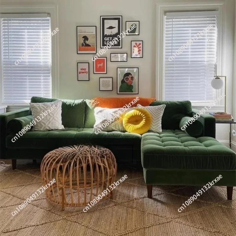 Light luxury retro fabric corner sofa Nordic ins small apartment living room B & B latex dark green velvet sofa