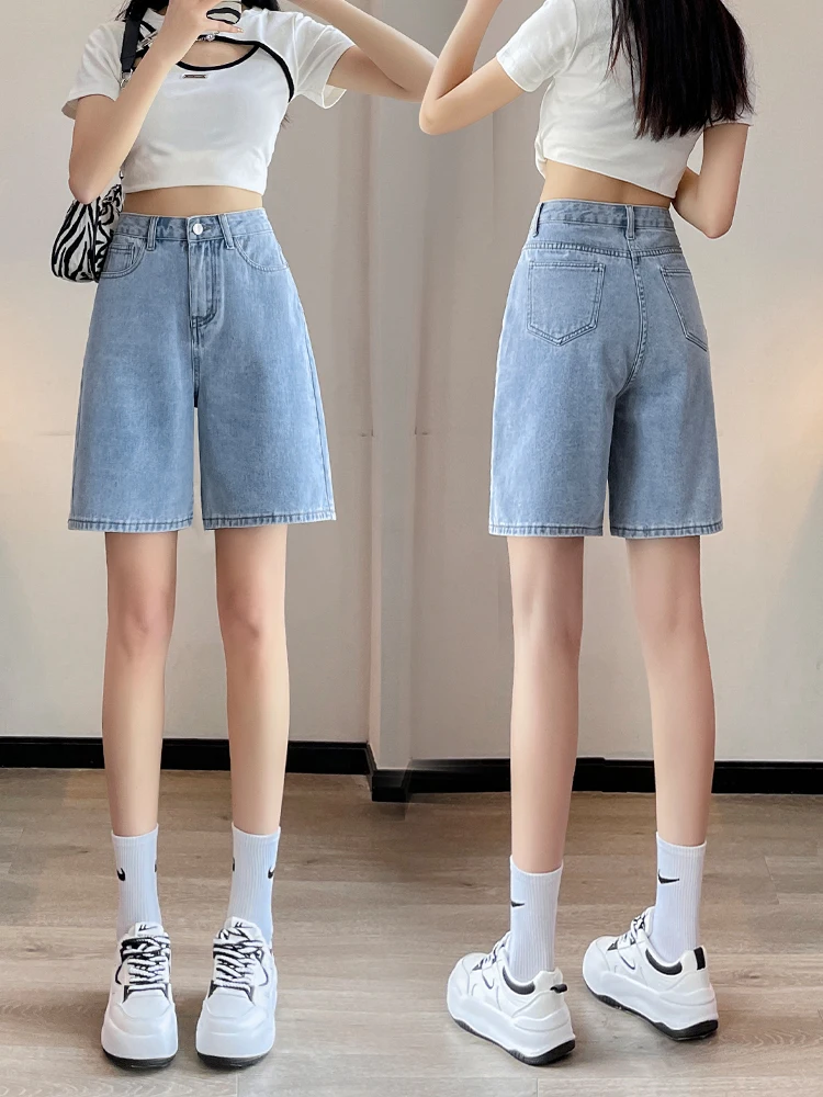 

Retro High Waist Straight Leg Denim Shorts Women's Summer Thin Loose Wide Leg Five-Quarter Mid-Length Jeans Cotton Blend