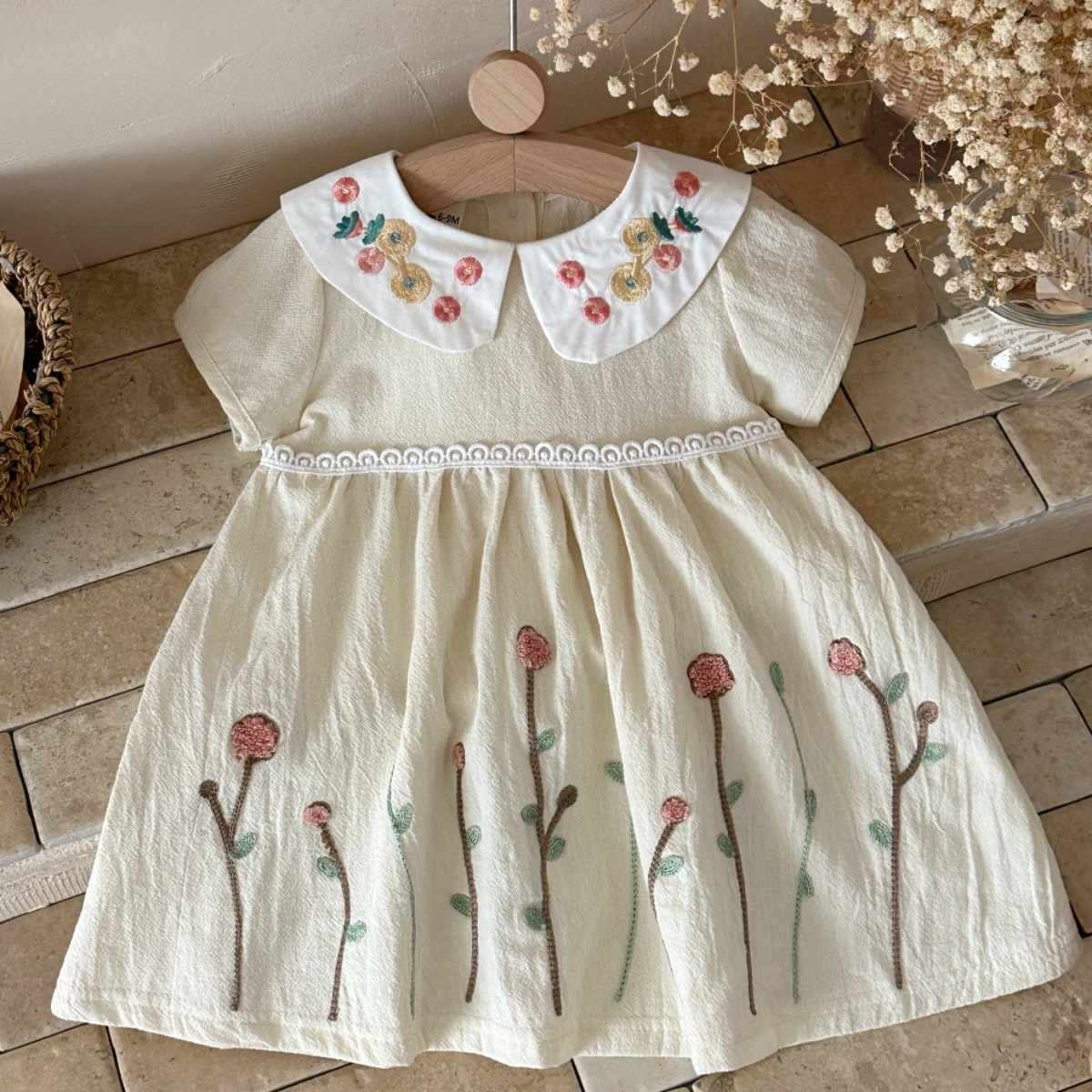 Summer Toddler Pure Cotton Dress Cute Doll Collar Flower Embroidered Princess Dress for Baby Girl 0-3 Years Old