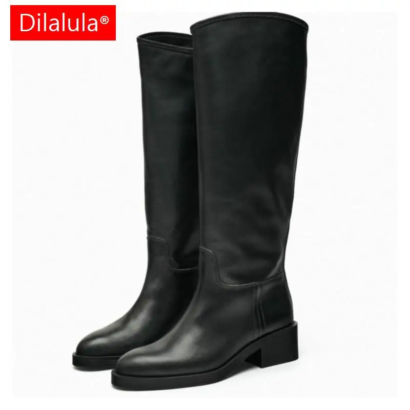 Dilalula 2024 INS Fashion Women Knee High Boots Cow Leather Winter Motorcycle Boots Warm Autumn High Heels Woman Lady Shoes