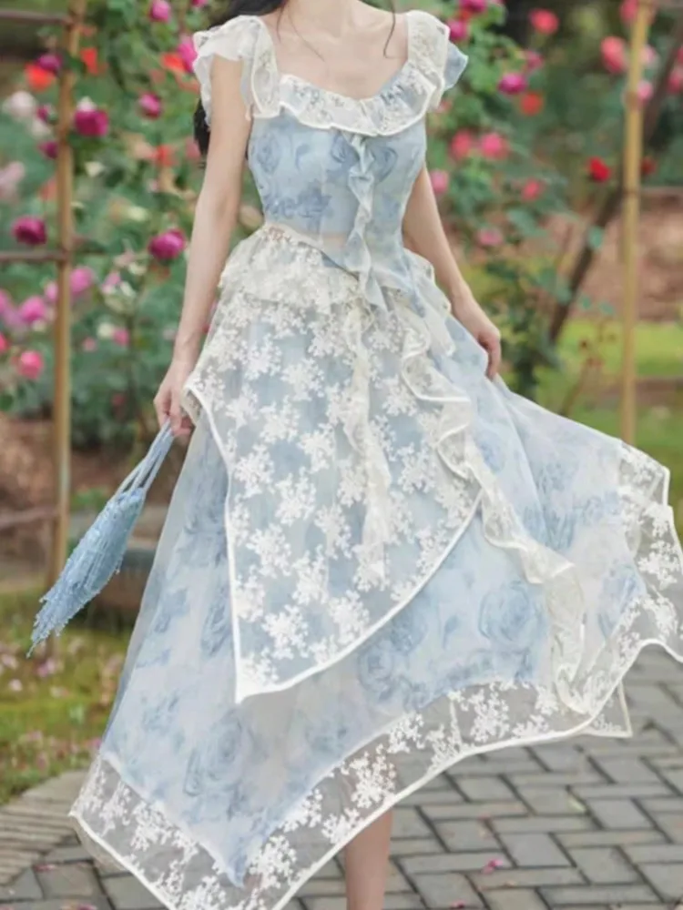 

Summer Vintage Two Piece Set For Women Romantic Sky Blue Chiffon Print Top Lace Embroidery Asymmetrical Skirt Suit Fashion Lady