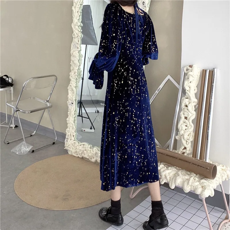 Autumn Winter Long Dress Square Collar Navy Blue Sequined Stars Ribbon Party Dress Flare Sleeve Elegant Midi Dresses For Women