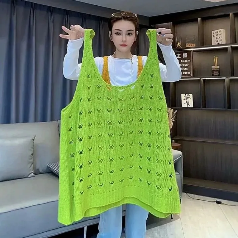 Women Hollow Out Knit Vest Sleeveless Loose Casual Layering Waistcoat For Oversize Figure