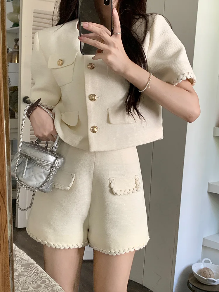 High Street French Elegant Fashion Small Fragrance Two Piece Set Women Short Jacket Coat + Short Sets Summer 2-częściowe zestawy spodni