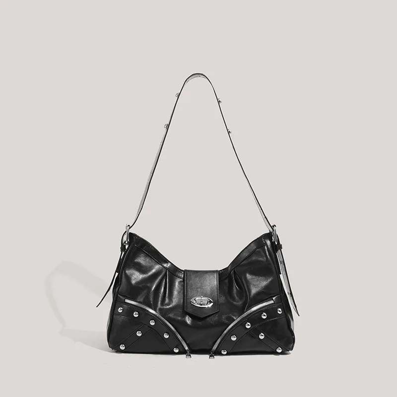 

New large capacity spicy girl heavy-duty tote bag, fashionable one shoulder armpit bag, retro motorcycle bag