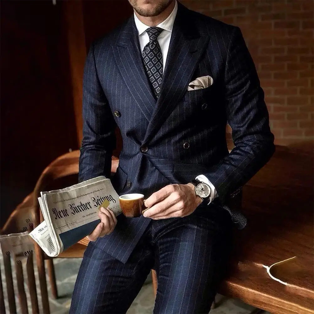 Navy Blue Striped Men Suits Fashion Peak Lapel Double Breasted Male Blazer with Pants Formal Casual Wedding  2 Piece Slim Set