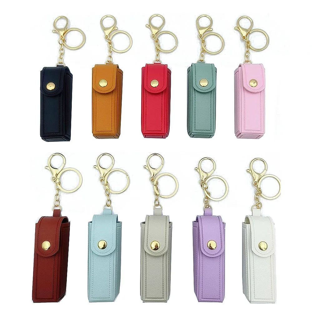 Novo couro mini batom bolsa chaveiros portátil coração espelho pingente chaveiro moda feminina saco acessórios