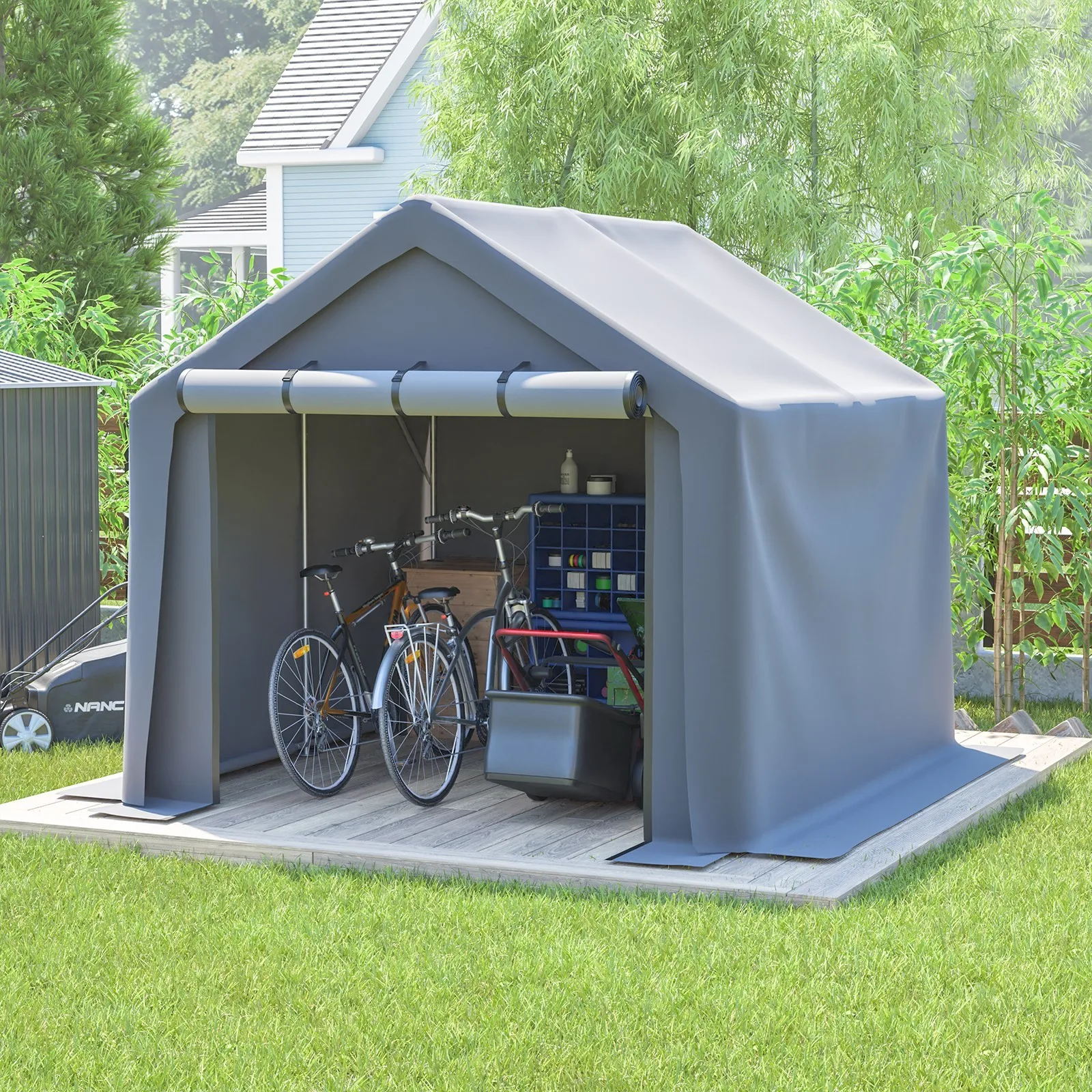 

8×8'Outdoor Portable Storage Shed Waterproof Tent With Roll-Up Zipper Door Gray
