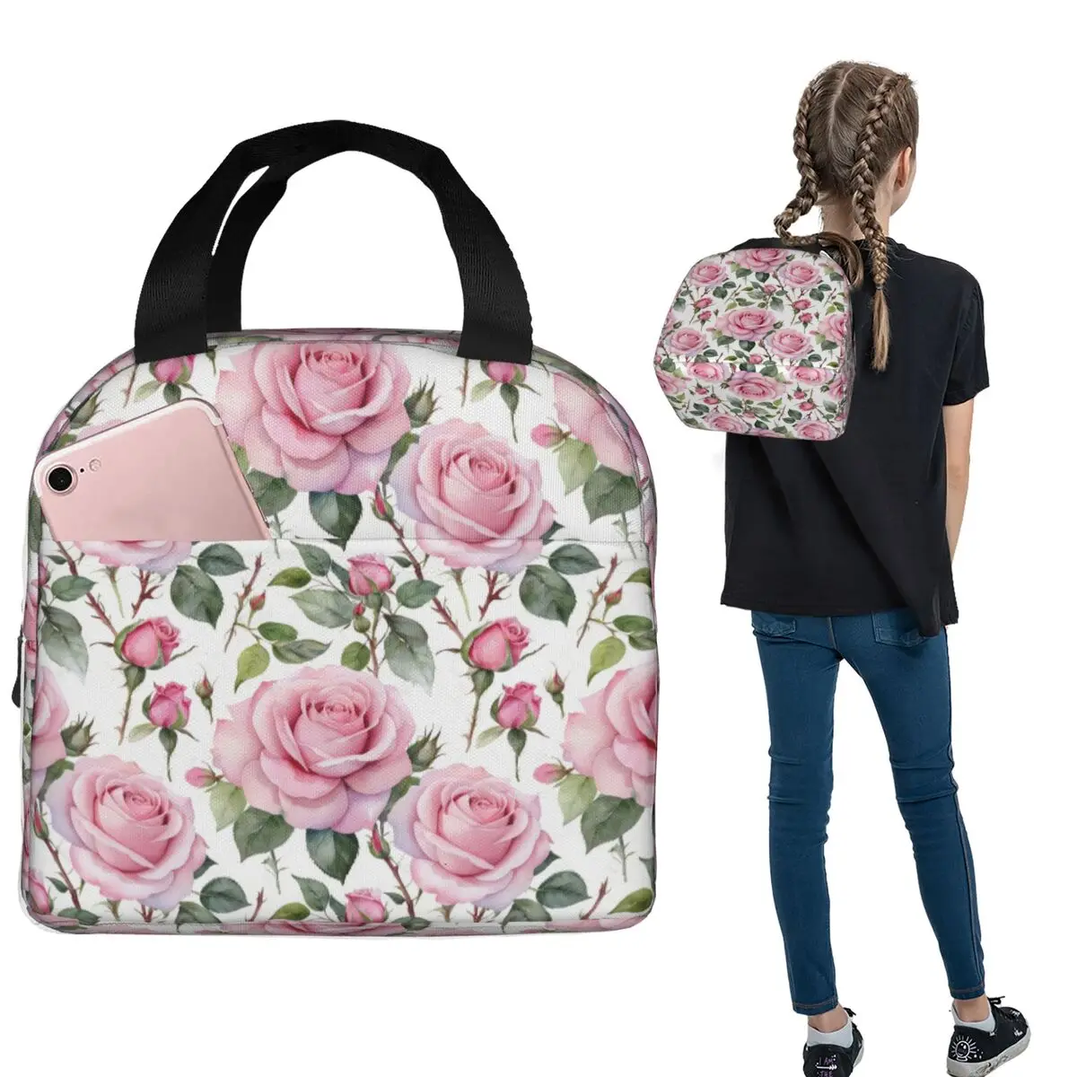 

Термосумка для обеда с рисунком розовых роз и ботанического сада, акварельная, для женщин и детей, портативная, для еды, термосумка-тоут