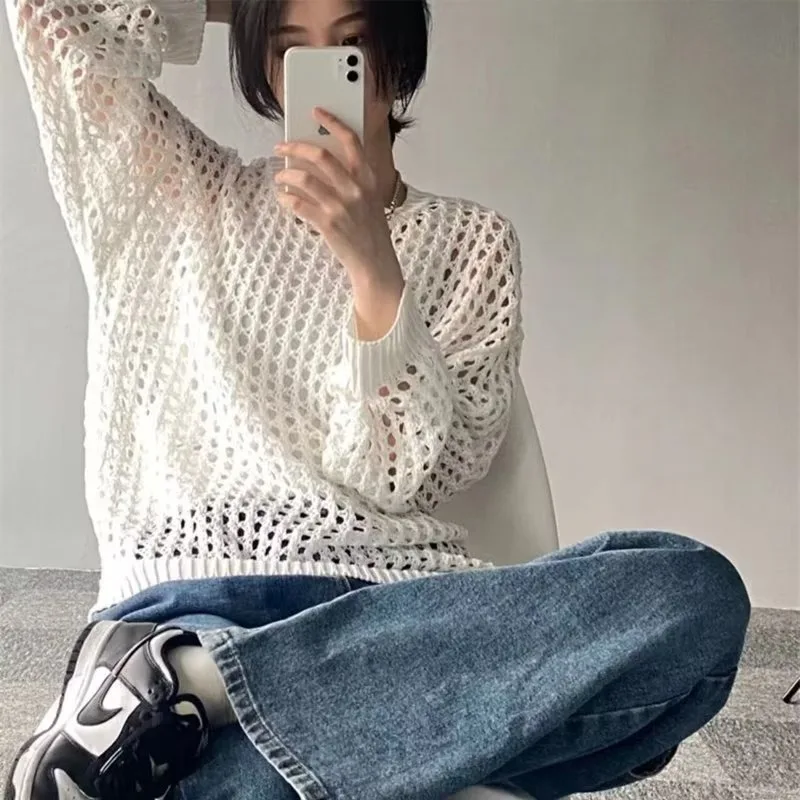 

Hollow Out Pullovers Women Summer Sun-proof Knitted O-neck Simple Pullover Sweaters Outwear All-match Loose Fashion Korean Chic