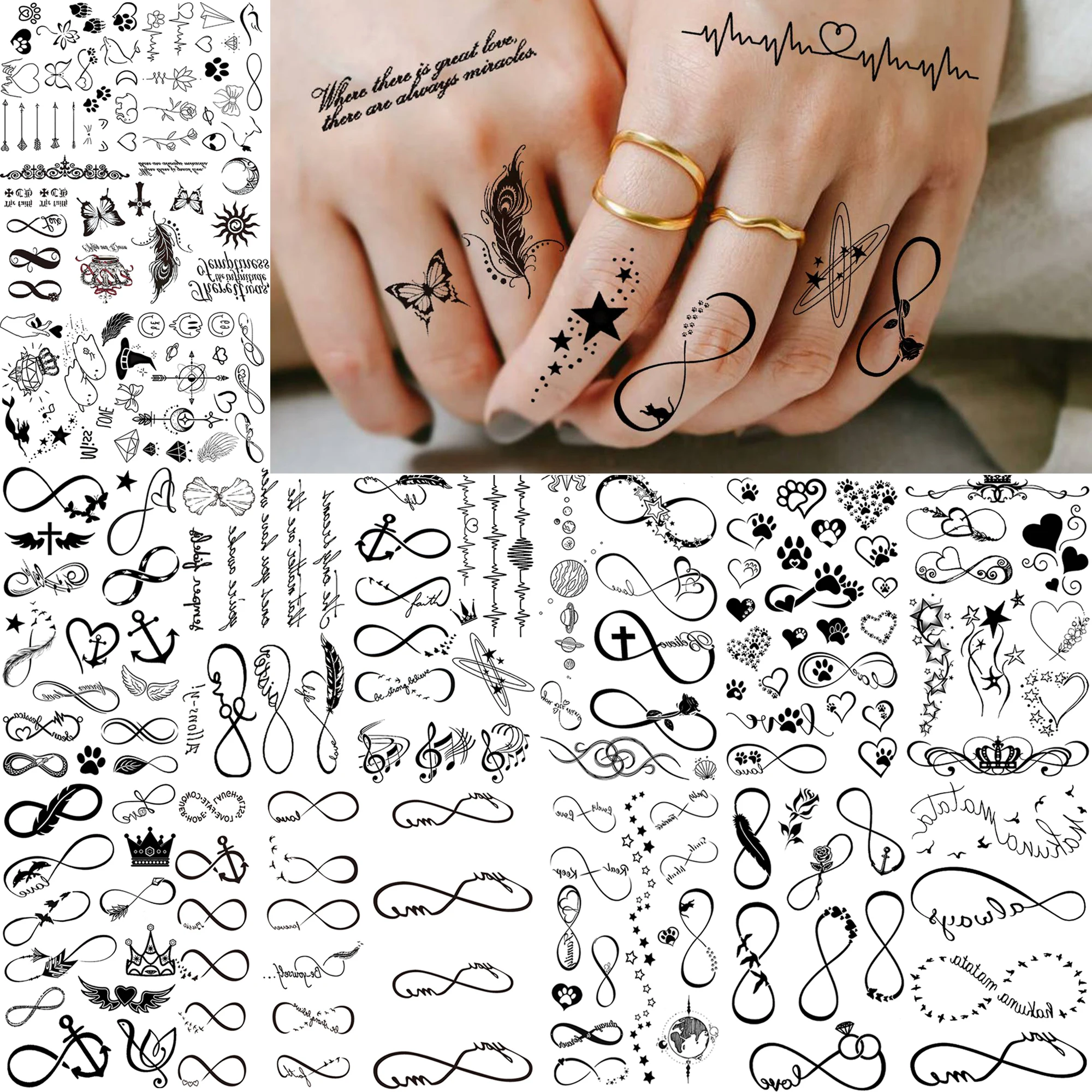 15 Sheets Cute Small infinity Symbol Temporary Tattoos For Women Neck Hands Finger, Endless Infinite Love Fake Tattoo Stickers