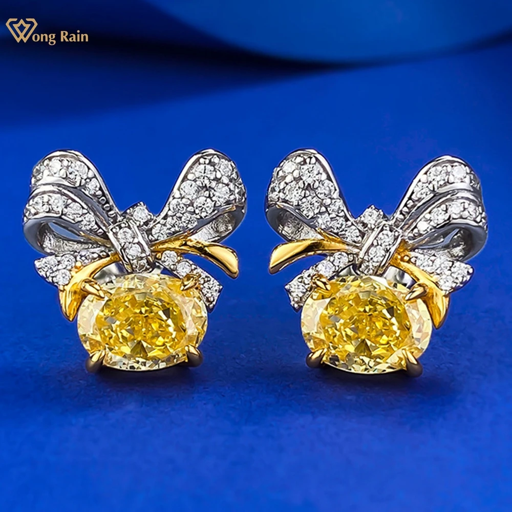 

Wong Rain 100% 925 Sterling Silver 6*8 MM Oval Cut Citrine High Carbon Diamond Gemstone Bowknot Ear Studs Earrings Fine Jewelry