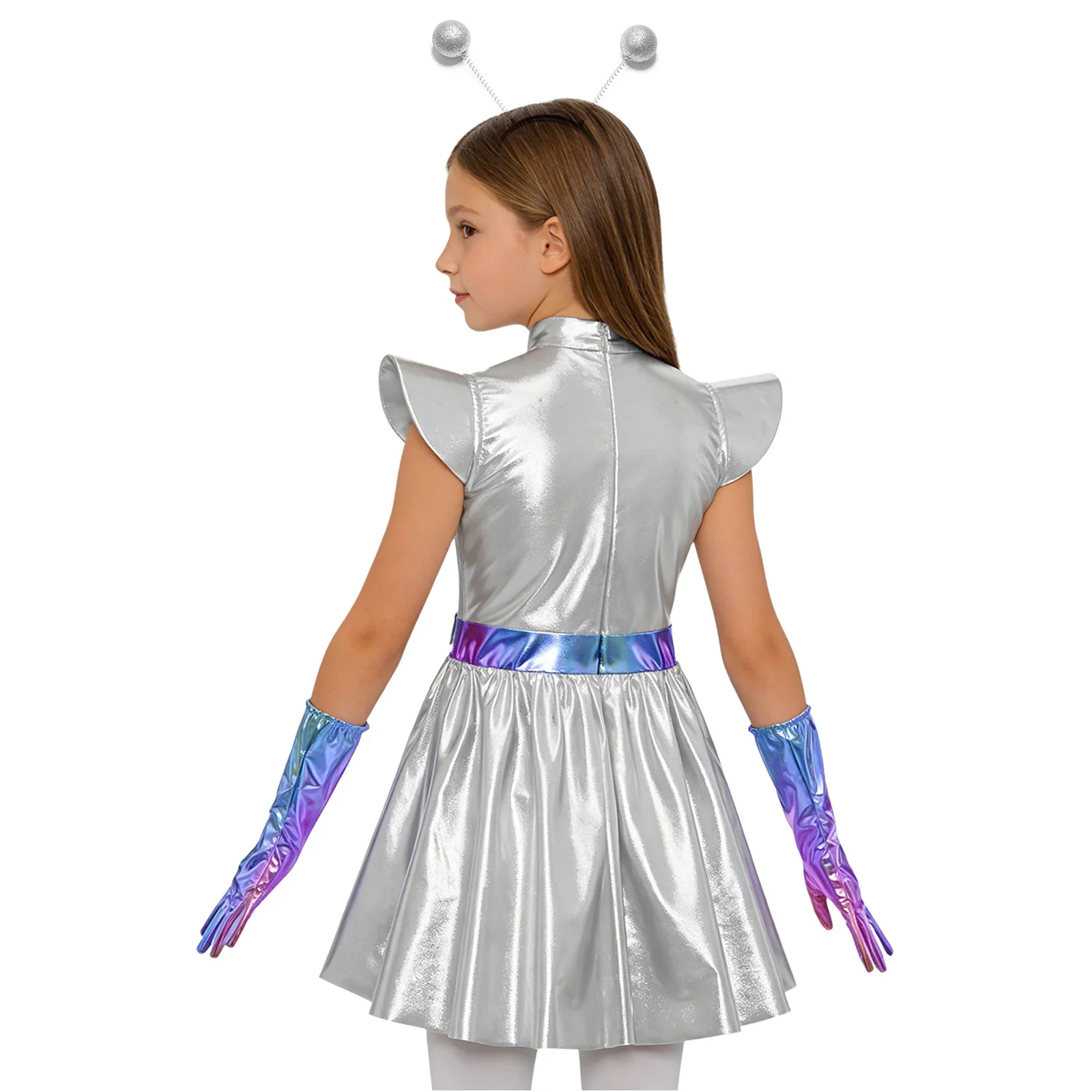 Girls Space Alien Costume 3 Piece Astronaut Cosplay Outfits Shiny Metallic Hollow Out Dress with Gloves and Hair Hoop Sets view 3