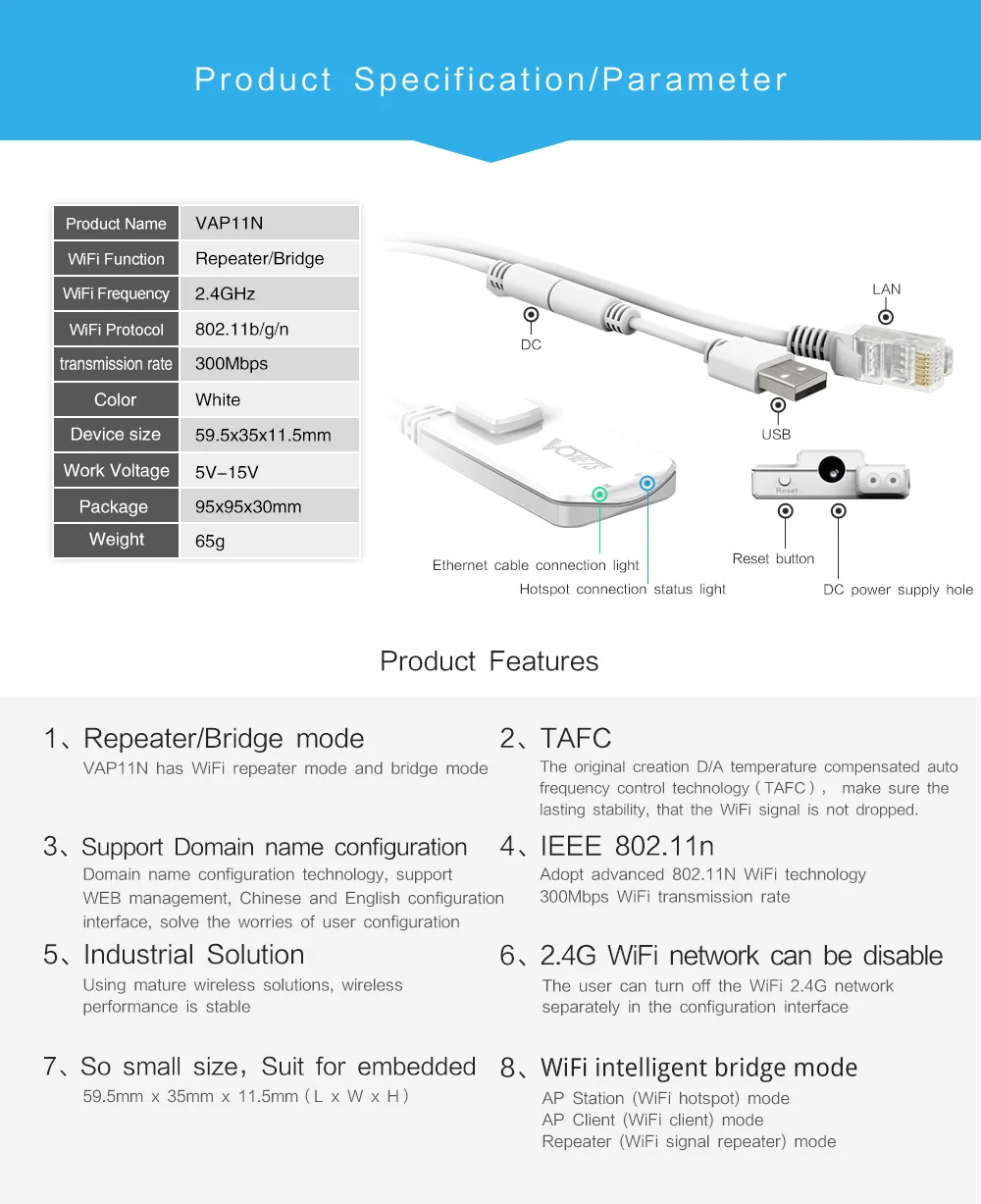 VONETS-WiFi Repetidor Bridge Ethernet, sem fio para fio, cabo RJ45 para impressora de rede DVR, monitoramento de computador, 2,4 GHz, VAP11N-300