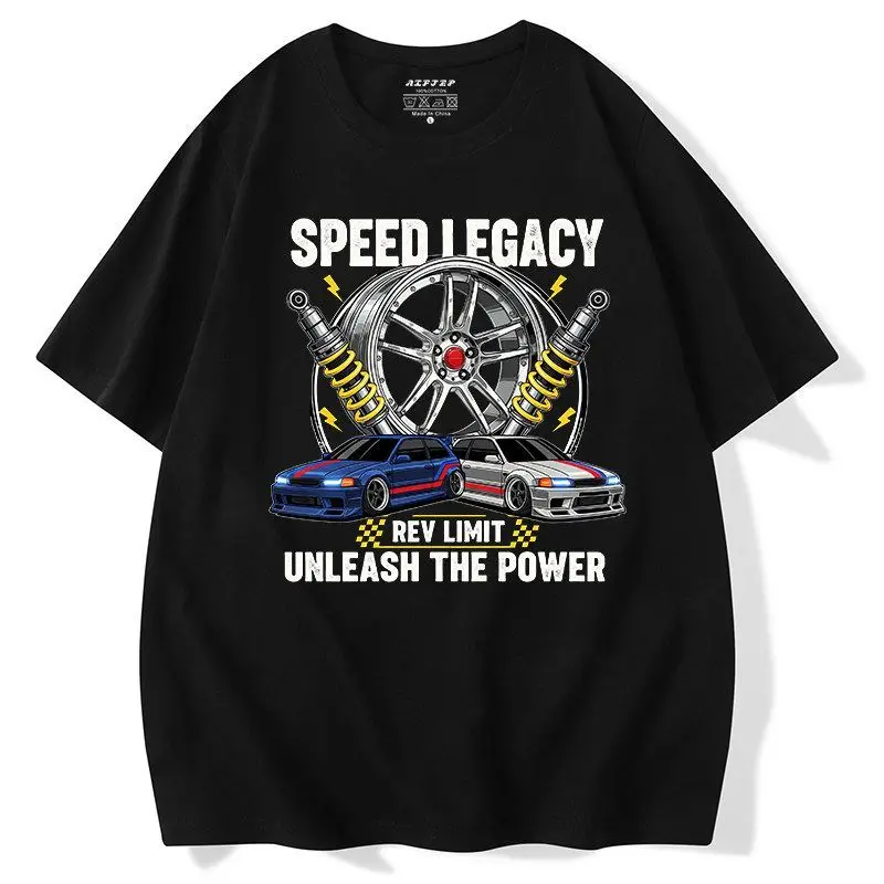 

New American Casual Trend Modified Car Print High Quality Crew Neck Men's and Women's Loose Short Sleeve T-Shirts