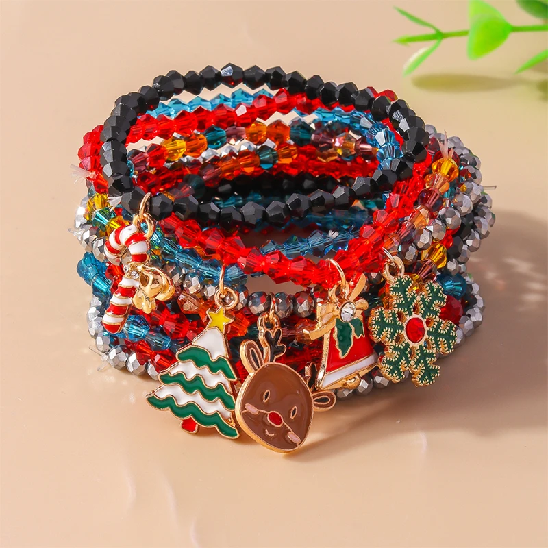 

10Pcs/Set Fashion Handmade Colorful Beads Bracelets for Women Christmas Snowflake Deer Bell Charms Bracelets Girls Festival Gift