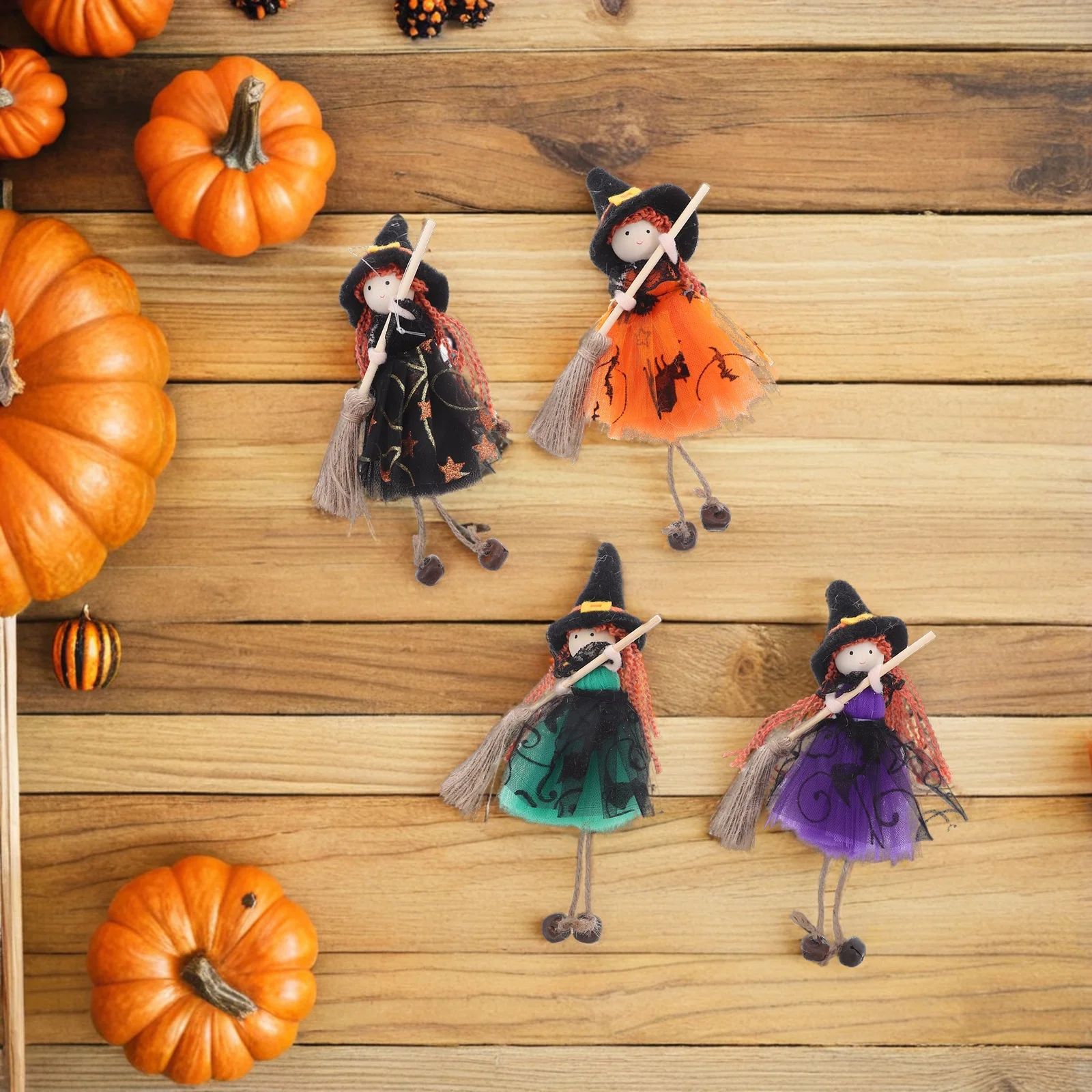 

4pcs Halloween Decoration Hanging Ornament Broom Girl Angel Party Supplies Spooky Witch Indoor Outdoor Lightweight