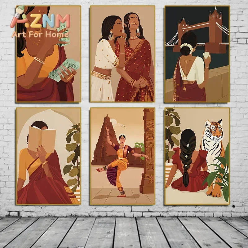AZNM South Asian Woman Portrait Canvas Wall Art, Traditional Culture Figure Print, Apartment Living Room Wall Decor Poster