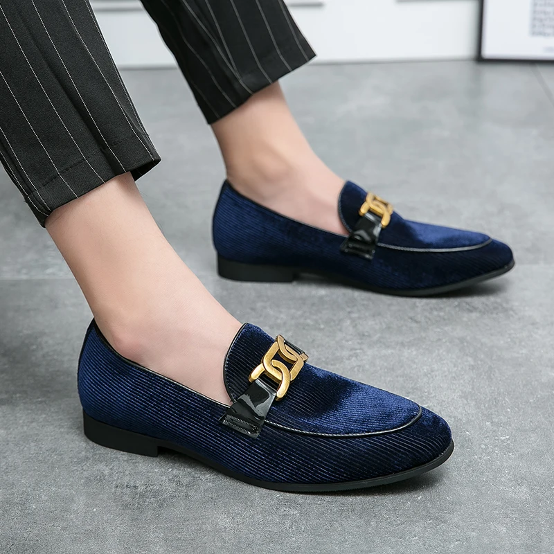 Plus Size 38-48 Blue Corduroy Loafer Shoes Man Comfortable Slip-On Moccasins For Men Buckle Decoration Flat Men's Designer Shoes