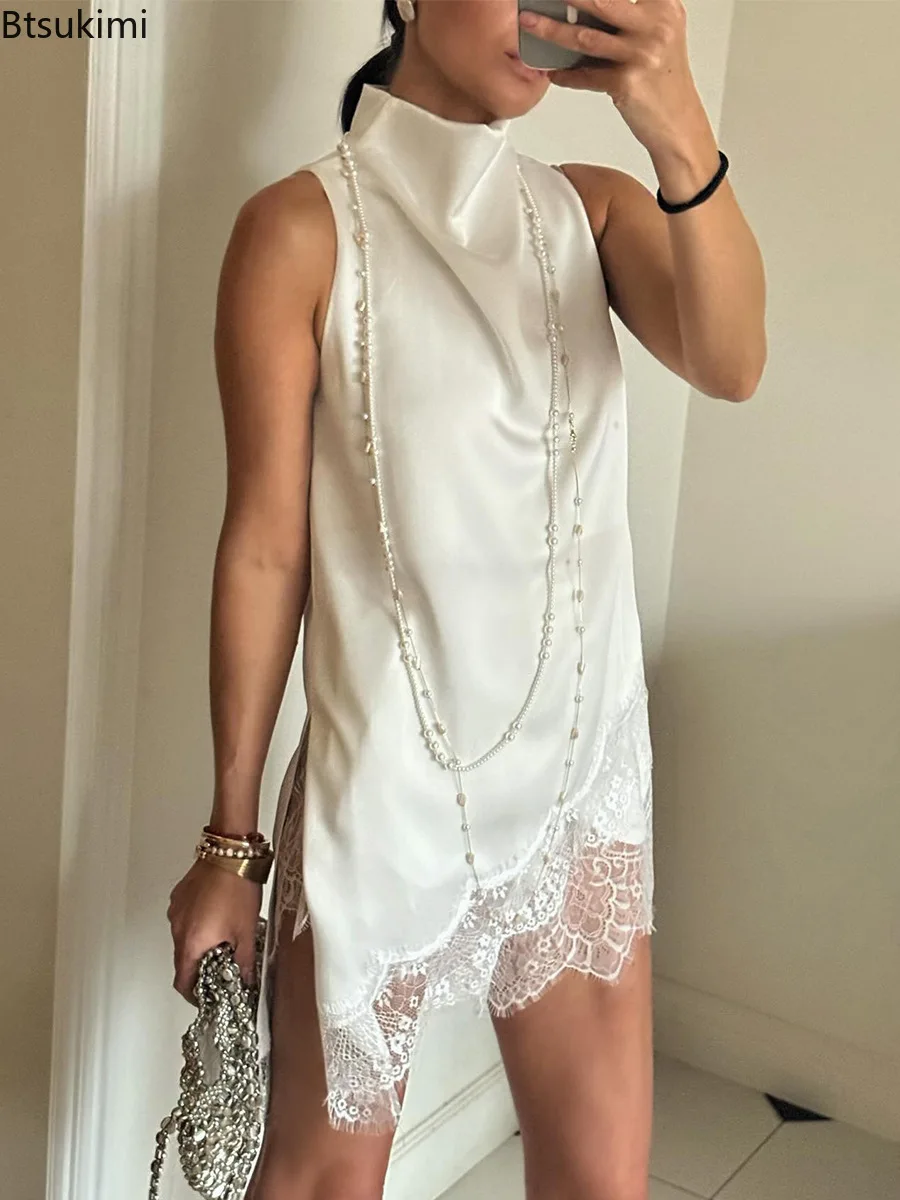 Women Satin High Neck Sleeveless Tank Top Delicate Lace Trim Irregula Vest Summer Elegant Casual Daily Party Streetwear Outfit