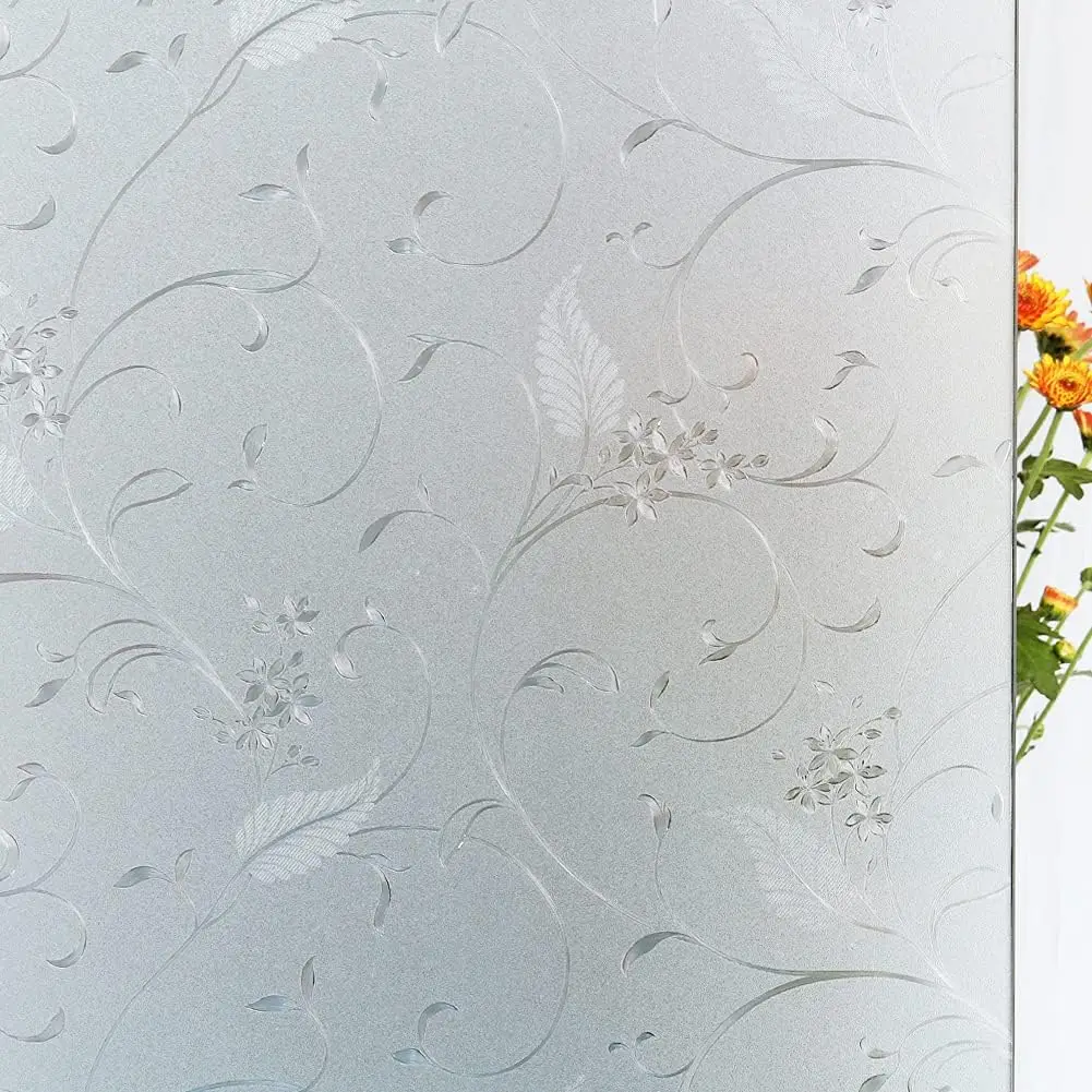 Privacy Window Film Etched Flowers Static Cling Glass Door Film Non Adhesive Heat Control Anti UV Window Cling for Home