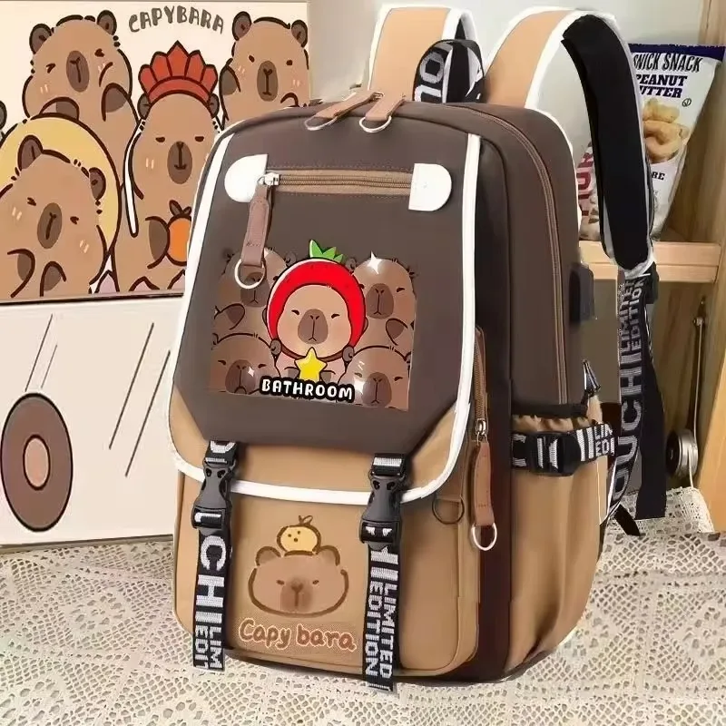 Large Capacity Adjustable Strap Multifunctional Schoolbag Cute Capybara Schoolbag Waterproof Student Computer Bag Free Pendant