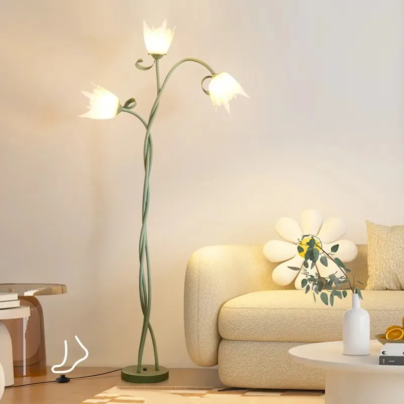 

Modern curved floor lamp with retro flower cover night light for bedroom and living room decoration