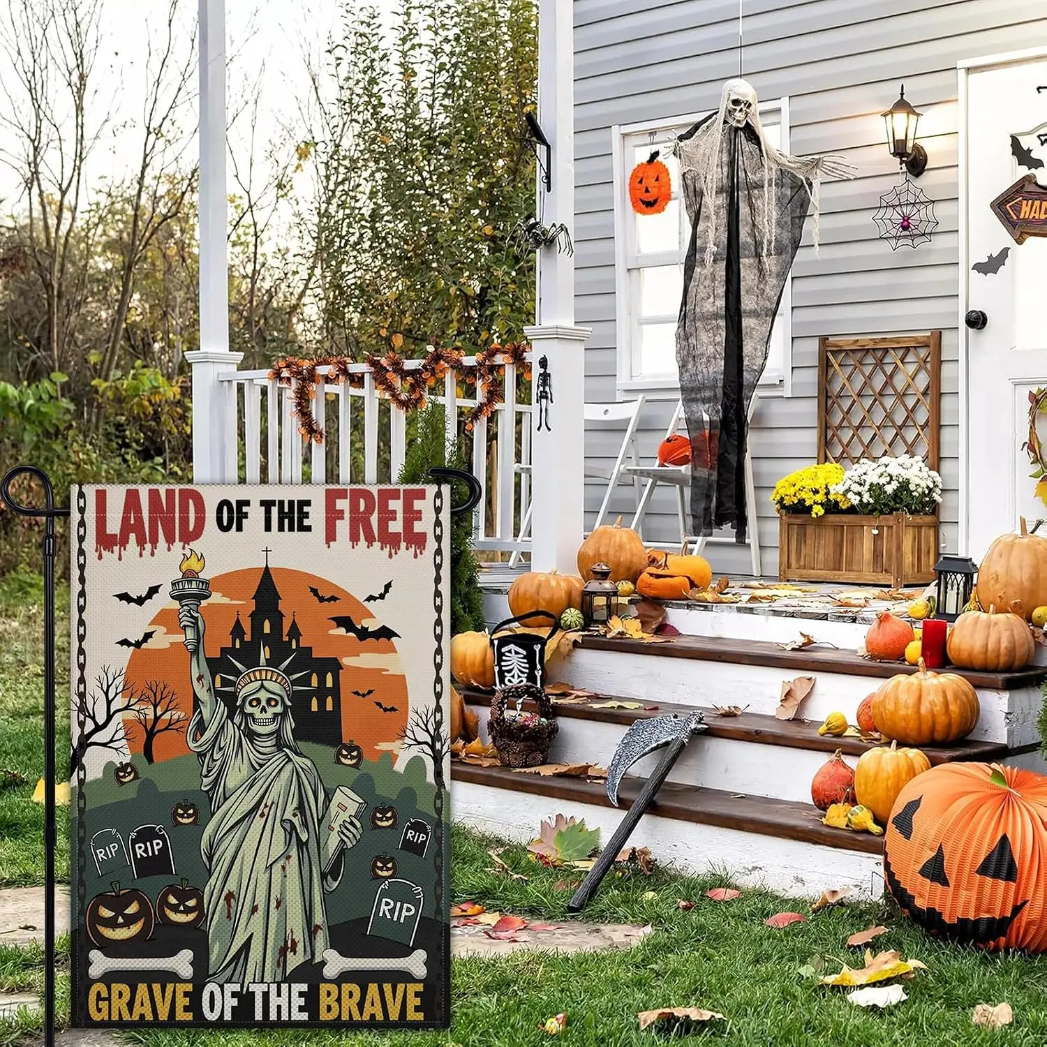 Halloween Garden Flag 12x18 Double Sided Land of The Free Grave of The Brave Garden Flag Scary Statue of Liberty Pumpkin Fla PPZ