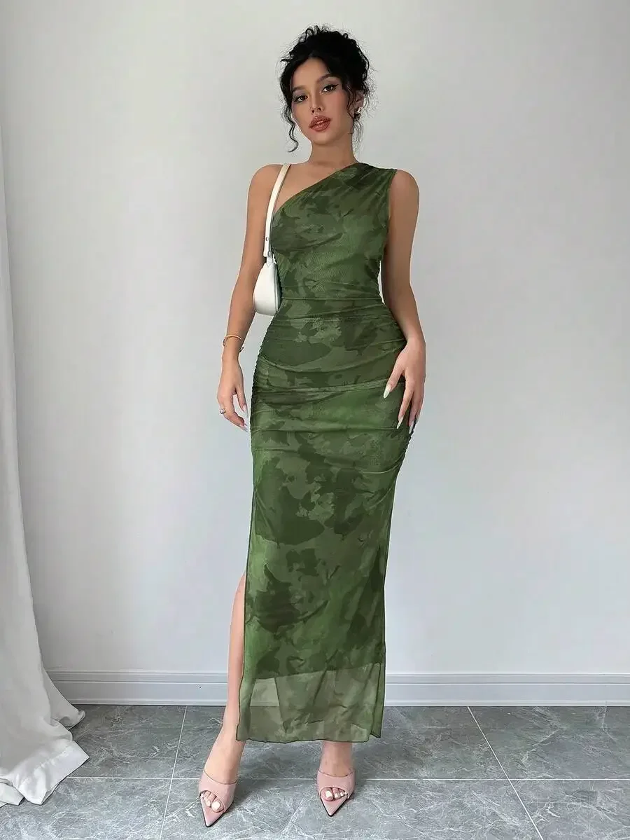 

Luxury Evening Dress Tie-Dye Print Asymmetric Neckline Sleeveless Sexy Maxi Dress