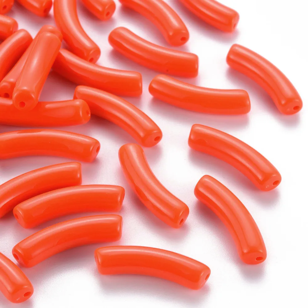 20pc Opaque Acrylic Beads Curved Tube Orange Red 32x9.5x8mm Hole: 1.8mm