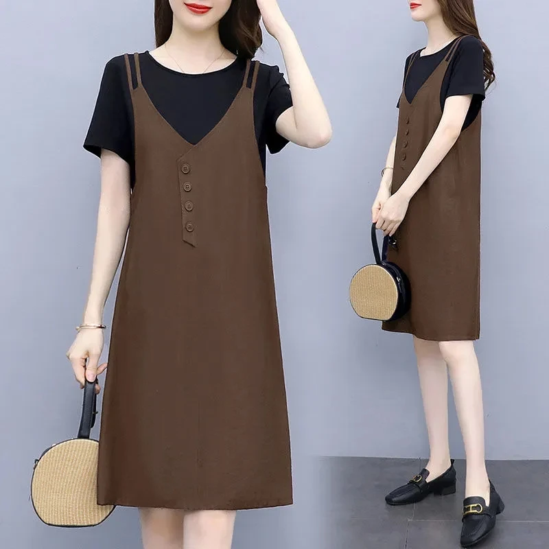 

2022 New Summer Dress Women's Fake Two-Piece Suit Fashion Dress Western-Style Mother's Dress Show Thin Mid-Length Dress Elegant