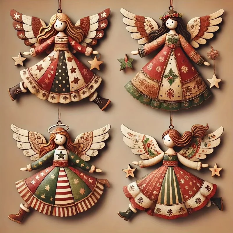 4PCS/Set Vintage Angel Hanging Decor Fantasy Wooden Xmas Tree Hanging Ornament 2025 Navidad Decor for Home 2026 New Year Gift
