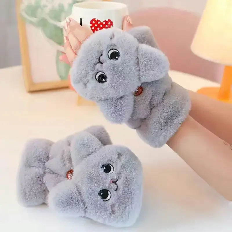 Winter Cute Rabbit Fur Knit Mittens Plush fingerless Gloves Flip Half Finger Driving Glove Soft Warm Thick Gloves for Women Girl